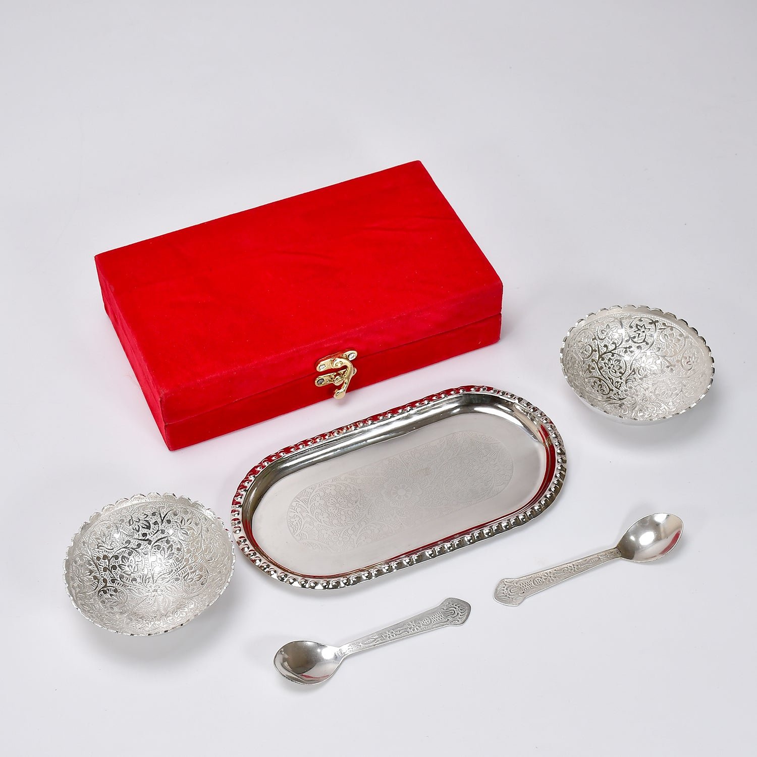 2_dcd63450-36cd-41a6-a3e6-ee37dc512a30.jpg Silver-Plated Brass Bowl & Spoon Set with Velvet Gift Box - Image 1